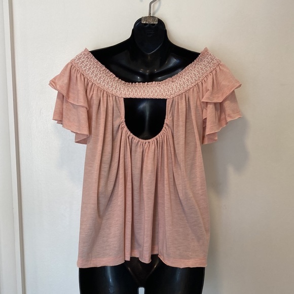 Muche Muchette Peach Top with Ruffled Sleeve and Ruching Size Medium/Large - Picture 7 of 9